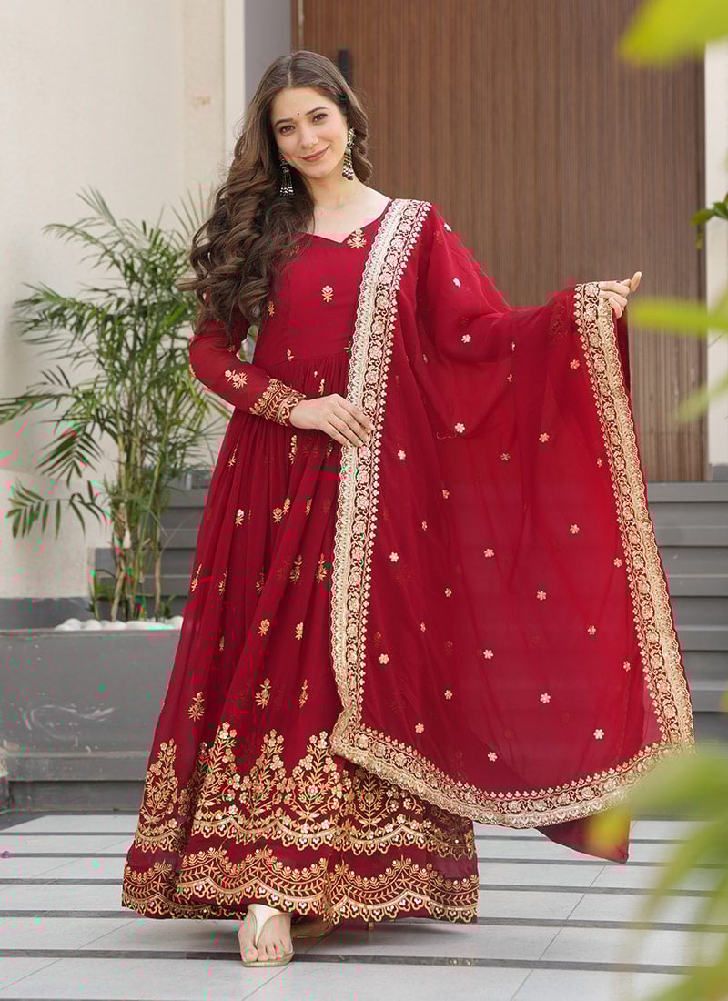 Maroon Faux Georgette Zari Sequins Embroidered Anarkali Suit Festive Wear