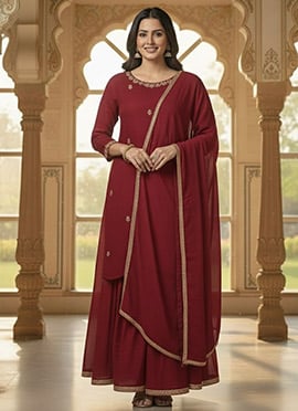 Maroon Faux Georgette Zari Sequins Hand Embroidered Palazzo Suit
