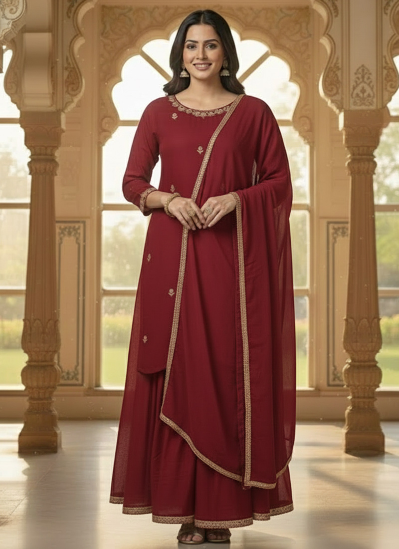 Maroon Faux Georgette Zari Sequins Hand Embroidered Palazzo Suit Festive Wear