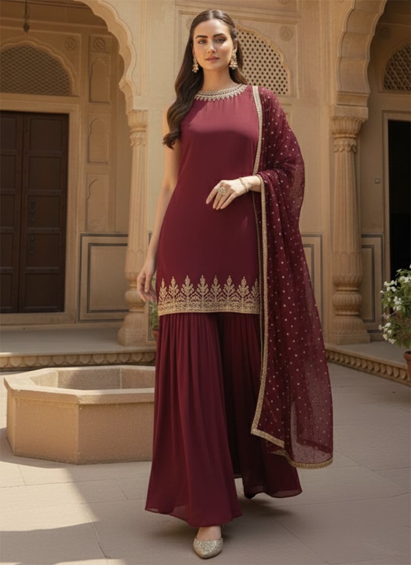 Maroon Faux Georgette Zari Sequins Sharara Suit Wedding Wear