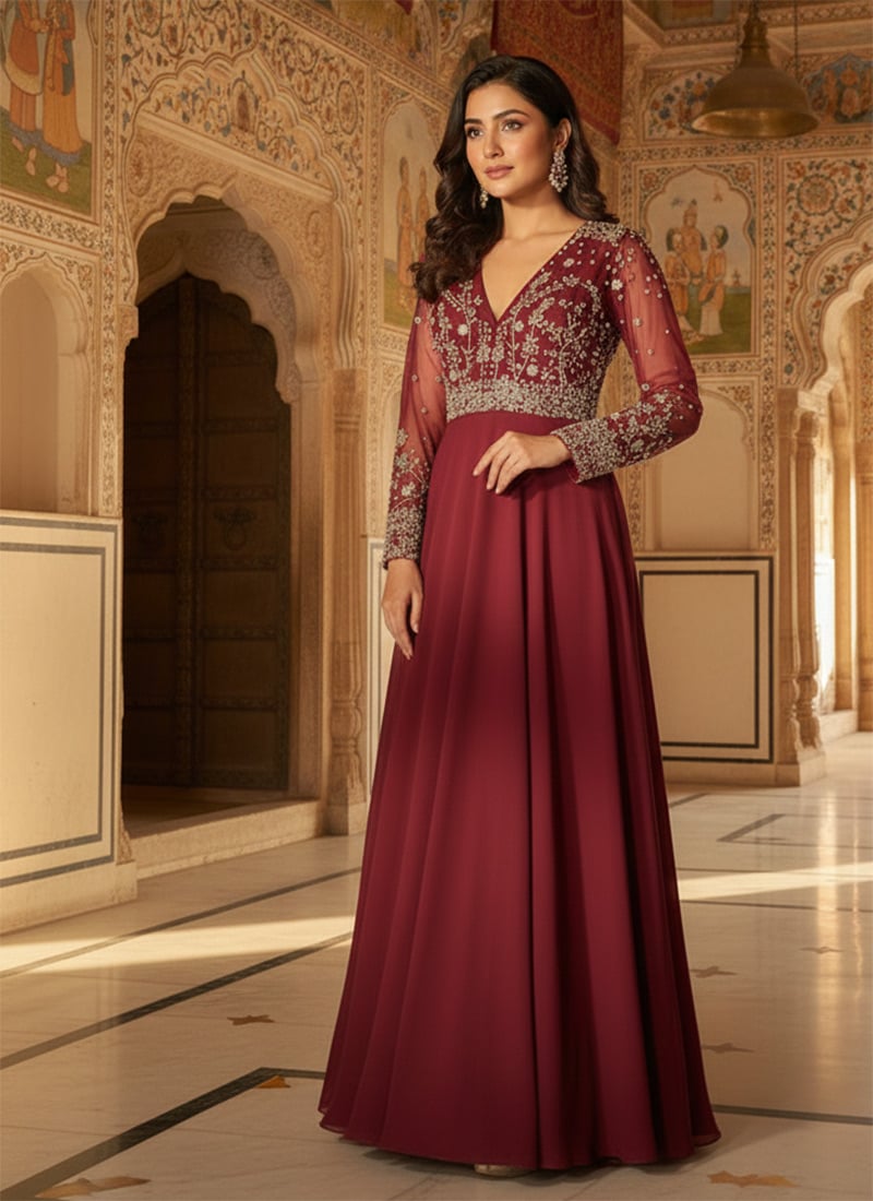 Maroon Faux Georgette Zari Sequins Stones Hand Embroidered Cut Dana Gown After Six Wear