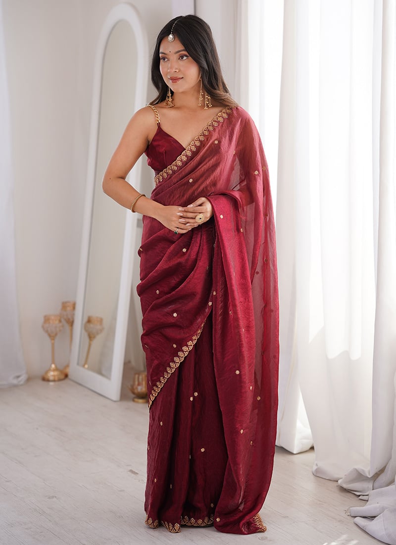 Maroon Fendi Satin Embroidered Sequins Saree After Six Wear