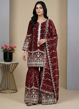 Maroon Fendy Silk Embroidered Sequins Sharara Suit