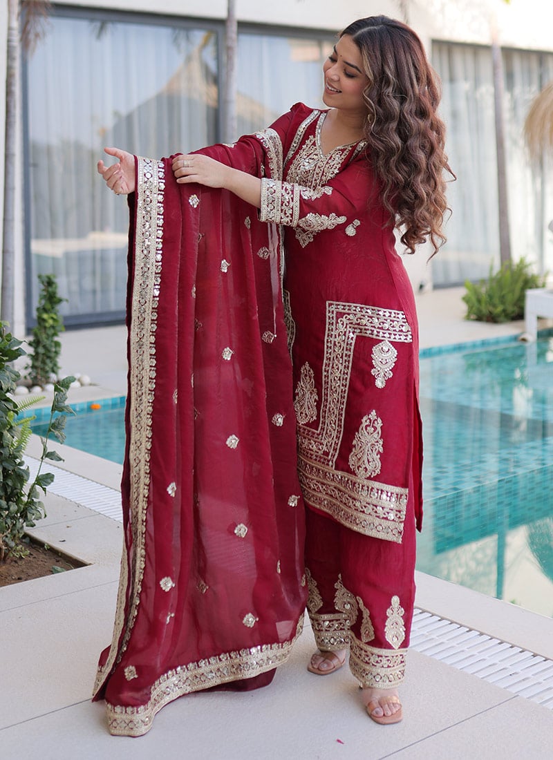 Maroon Fendy Silk Embroidered Sequins Straight Pant Suit Festive Wear