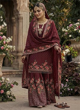 Maroon Fendy Silk Sequins Embroidered Sharara Suit Set