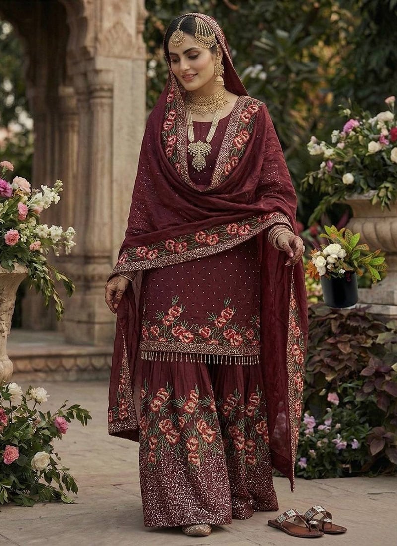 Maroon Fendy Silk Sequins Embroidered Sharara Suit Set Festive Wear