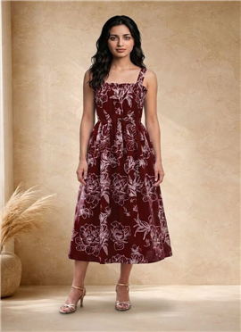 Maroon Floral Printed Cotton Midi Dress
