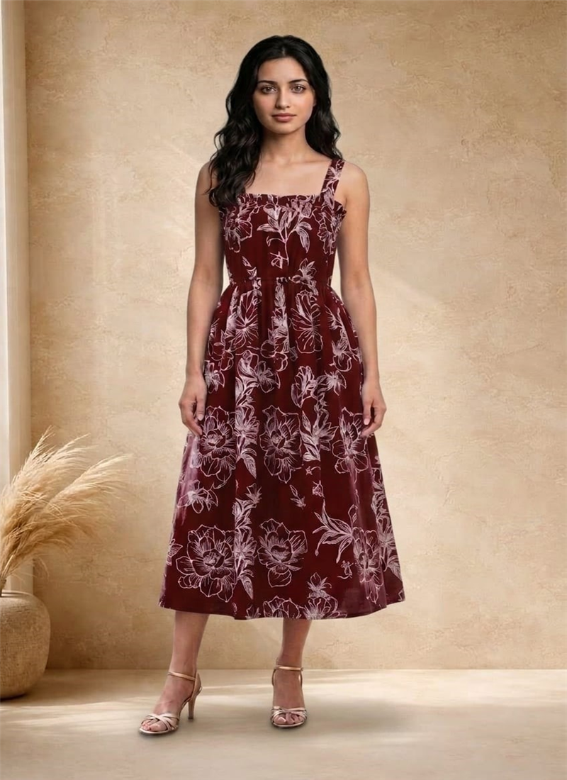 Maroon Floral Printed Cotton Midi Dress After Six Wear