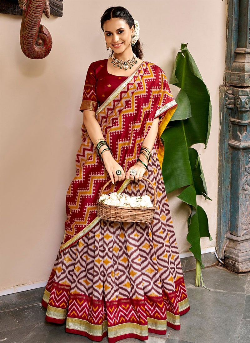 Maroon Foil Print Silk Umbrella Lehenga Festive Wear