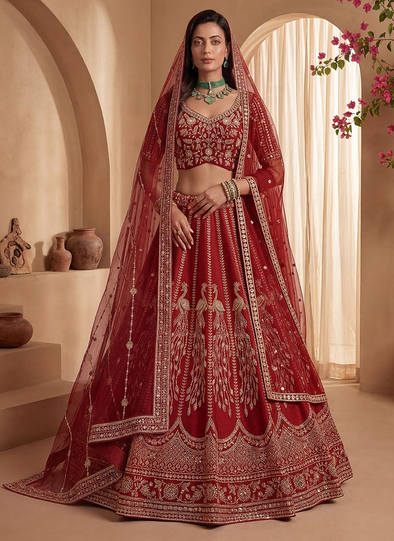 Maroon Gadhwal Silk Hand Embroidered Sequins Lehenga Wedding Wear