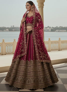 Maroon Gadhwal Silk Zari Embroidered Sequins Umbrella Lehenga