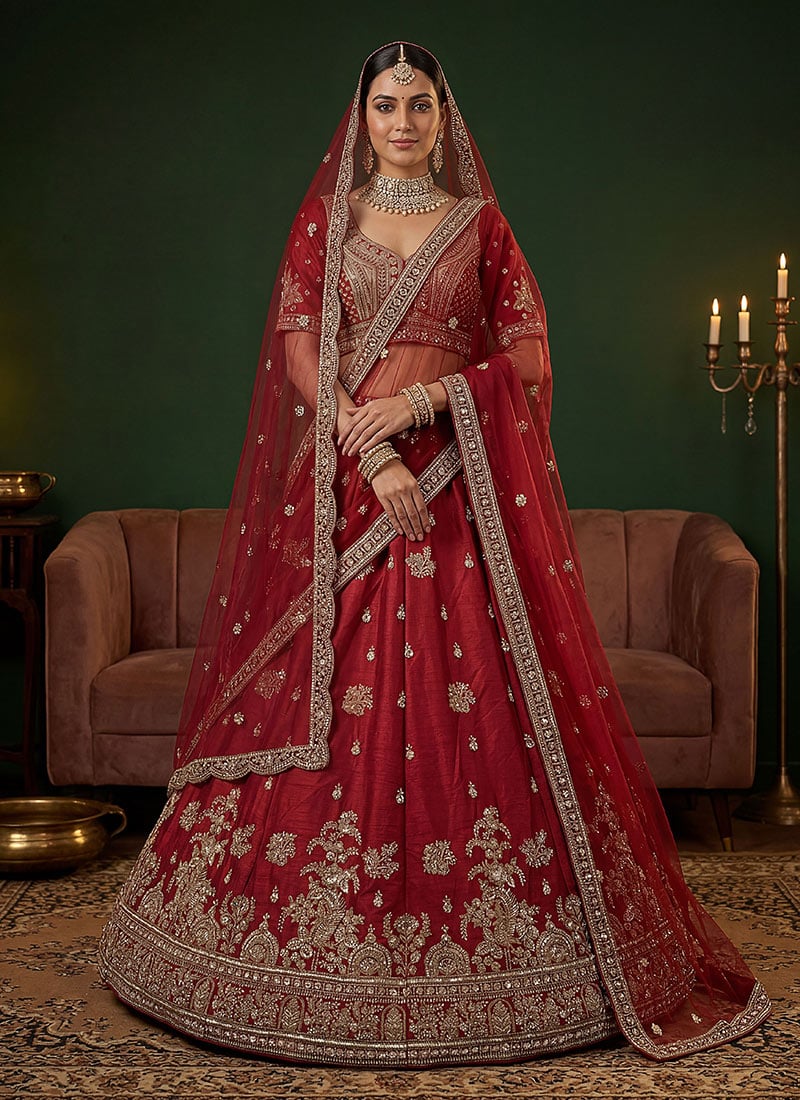 Maroon Gadwal Silk Zari Embroidered Sequins With Beads Work Lehenga Wedding Wear