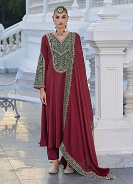 Maroon Gajji Silk Embroidered Salwar Suit