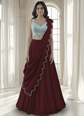 Maroon Georgette Beads Hand Embroidered A Line Lehenga
