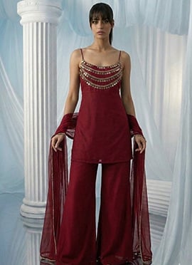 Maroon Georgette Beads Hand Embroidered Palazzo Suit
