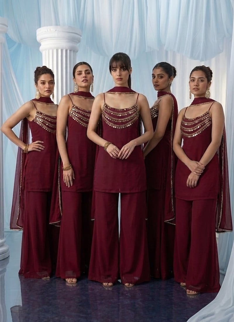 Maroon Georgette Beads Hand Embroidered Palazzo Suit Wedding Wear