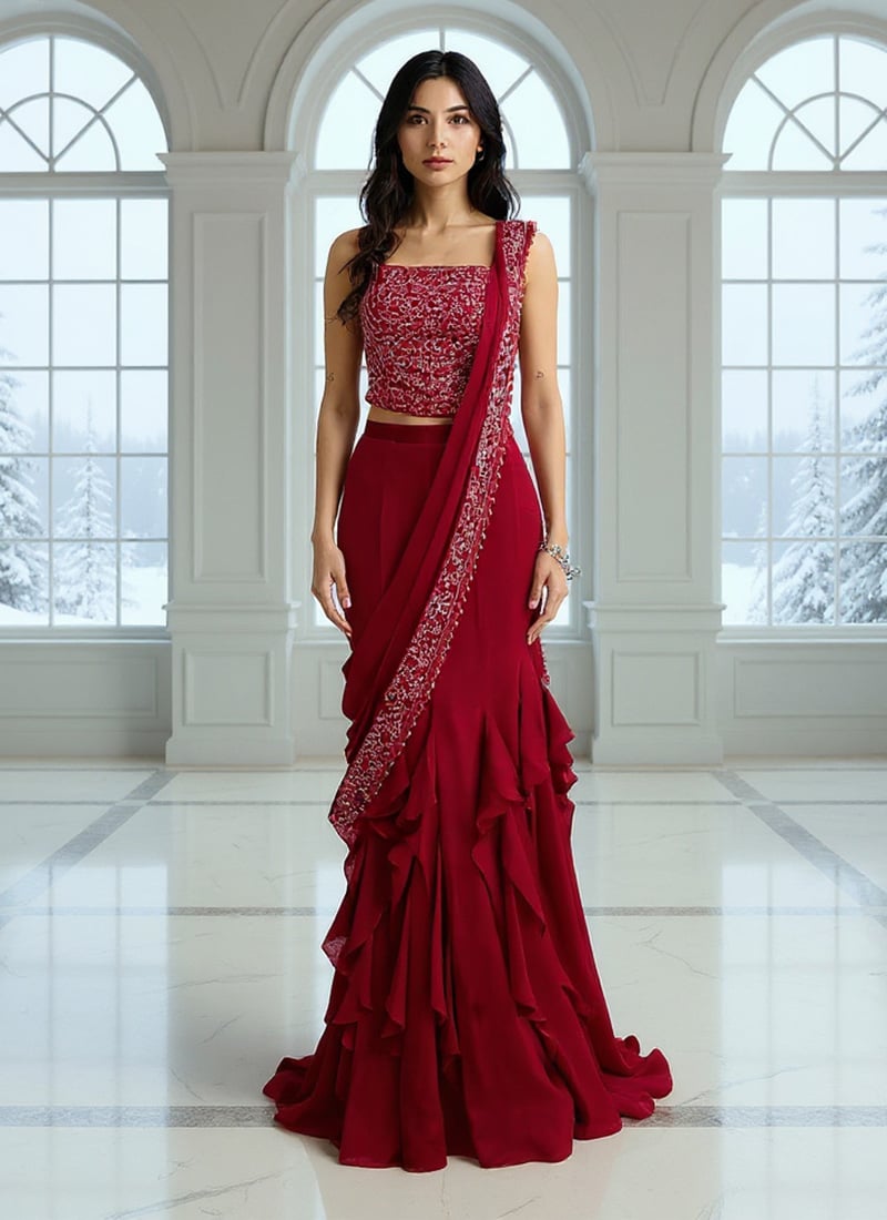 Maroon Georgette Beads Hand Embroidered Pre Draped Saree