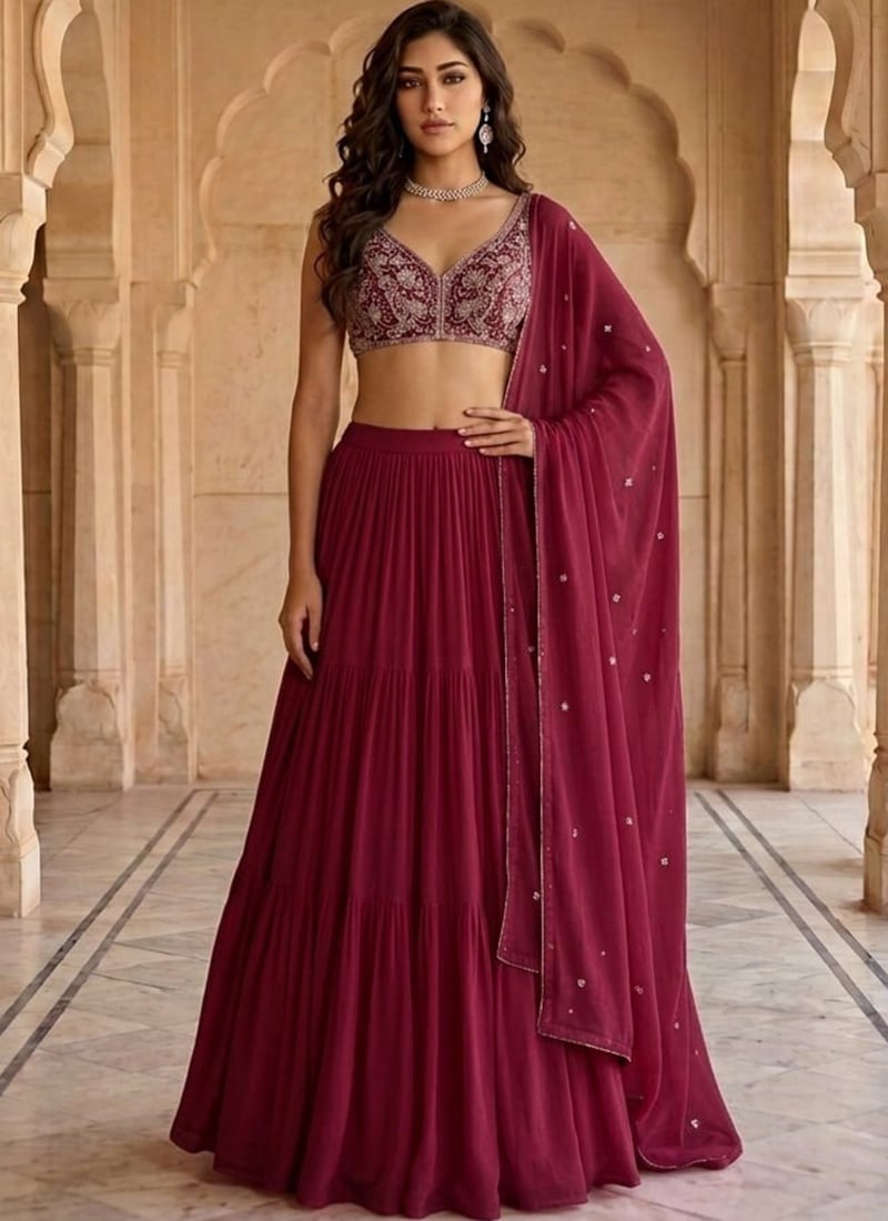 Maroon Georgette Beads Hand Embroidered Sequins Lehenga Wedding Wear