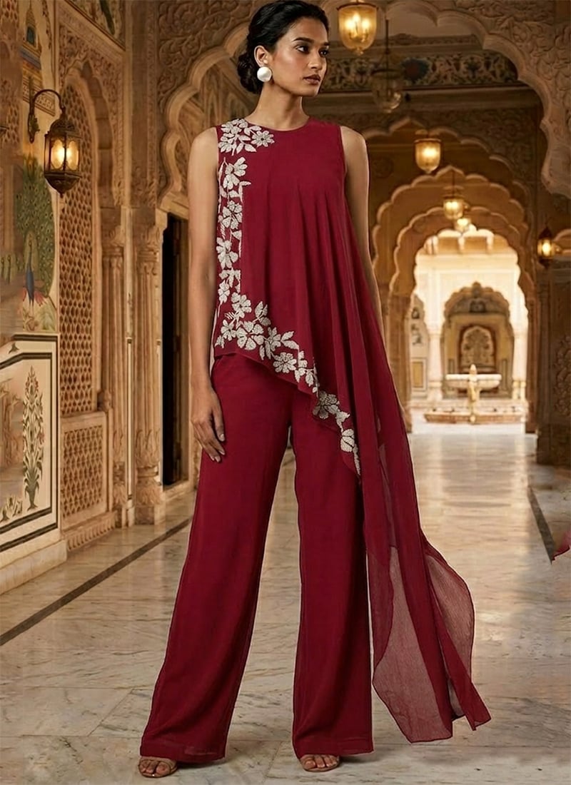 Maroon Georgette Beads Work Indowestern Palazzo Set After Six Wear