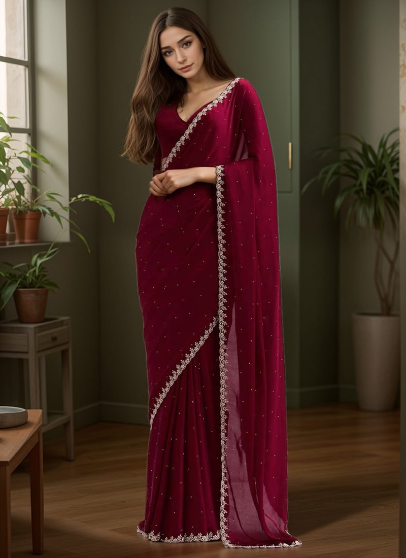 Maroon Georgette Cutdana Beads With Stone Hand Embroidered Saree