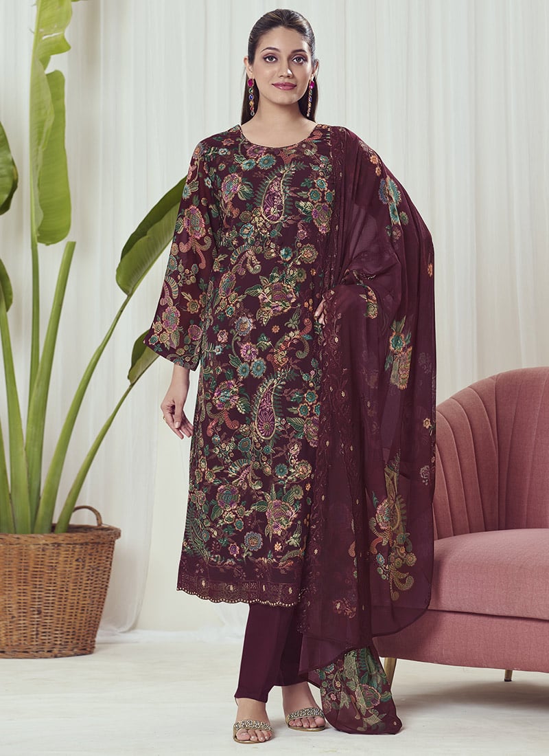 Maroon Georgette Digital Print Embroidered Sequins Straight Pant Suit After Six Wear