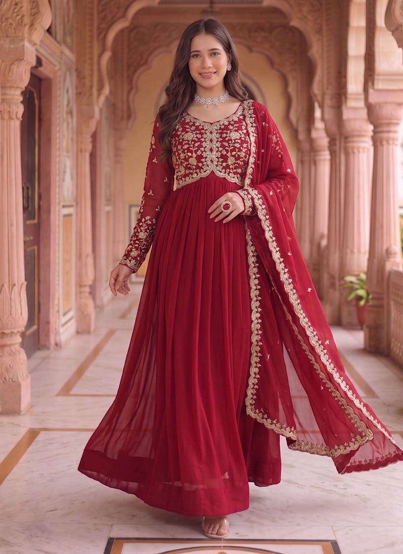 Maroon Georgette Embroidered Anarkali Suit After Six Wear