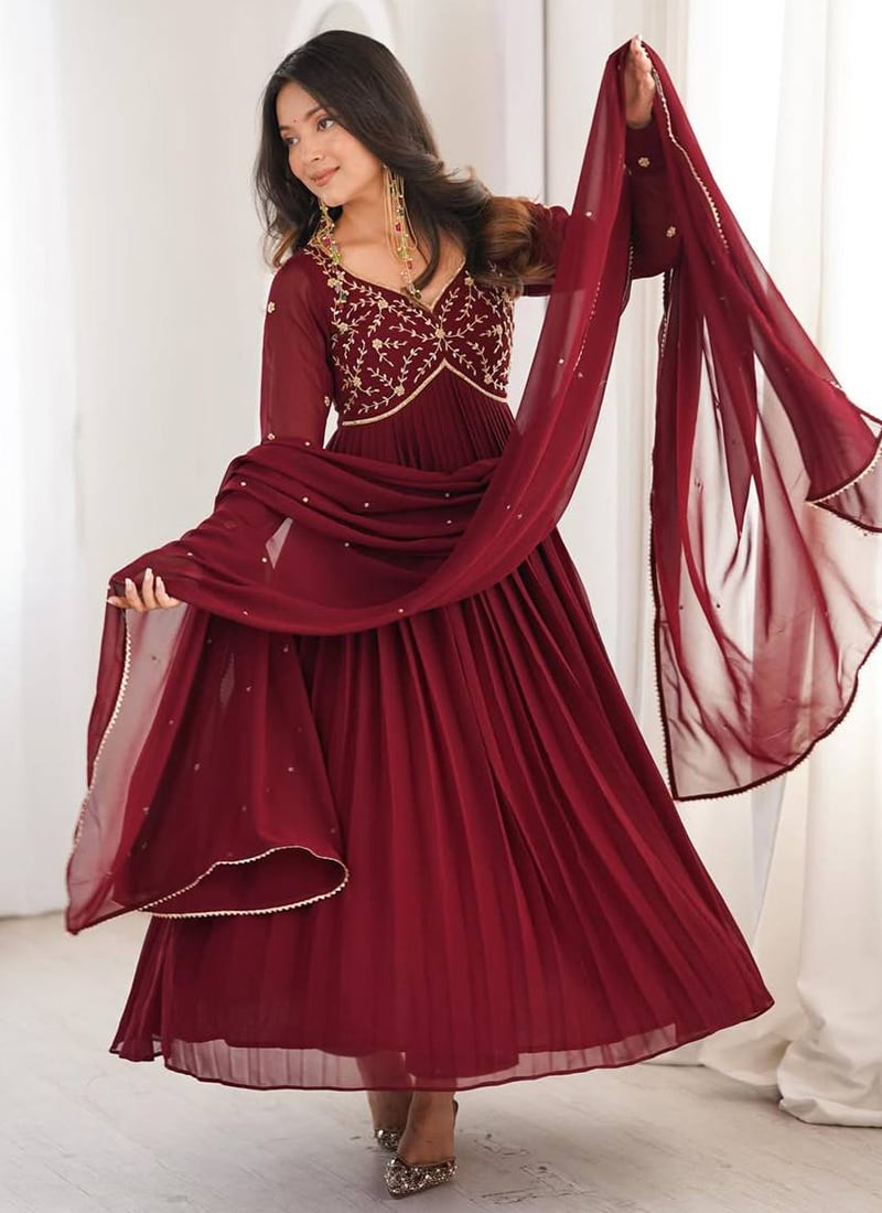 Maroon Georgette Embroidered Anarkali Suit After Six Wear