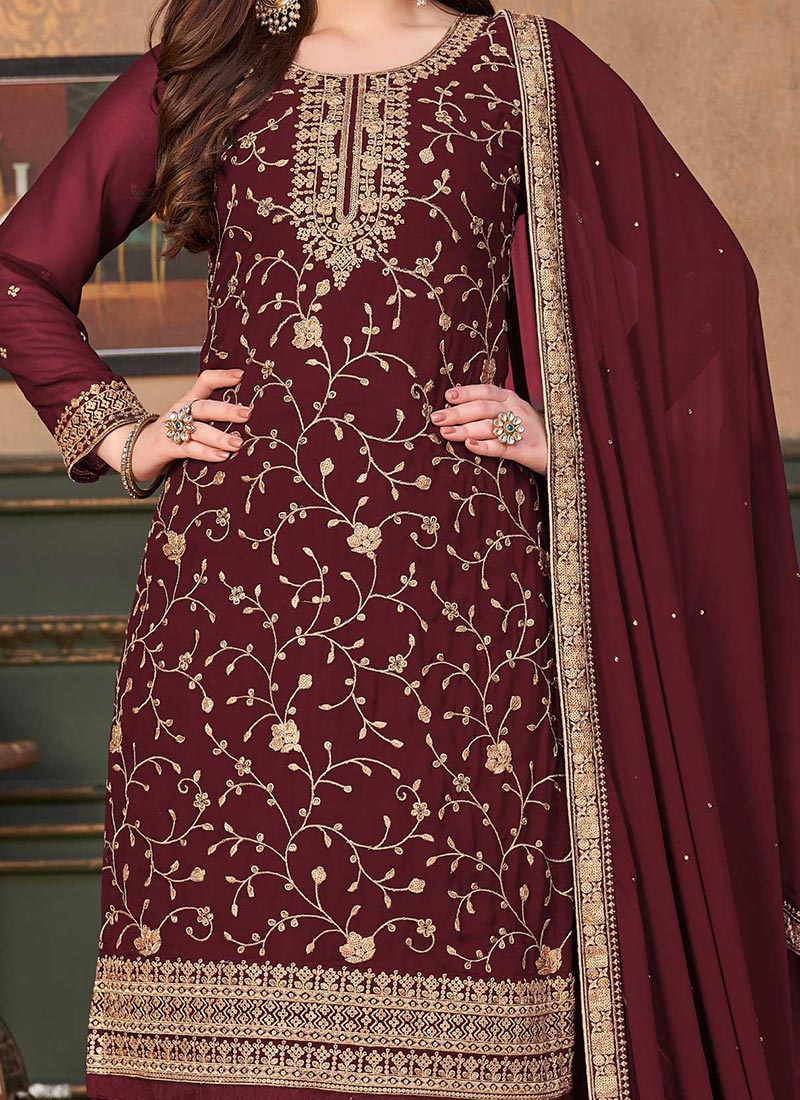 Bright Maroon Palazzo style Suit Semi-Stitched Salwar Kameez main image 1