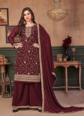 Maroon Georgette Embroidered Designer Palazzo Suit