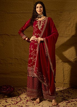 Maroon Georgette Embroidered Pakistani Straight Pant Suit