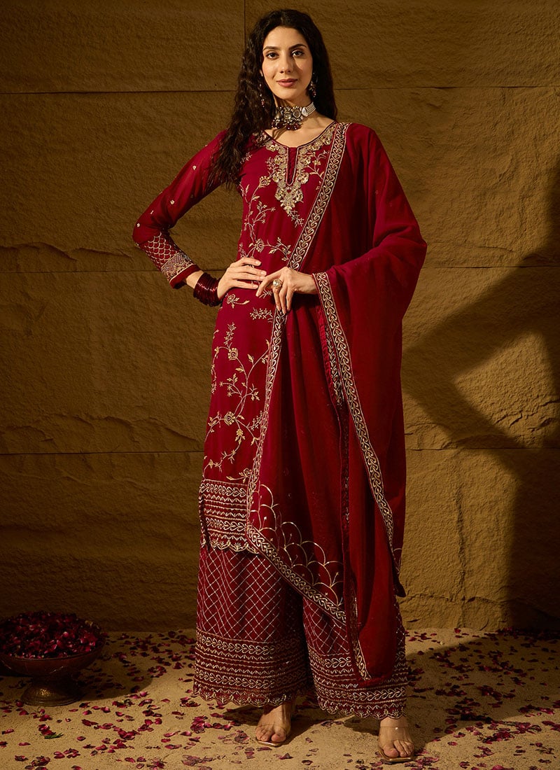 Maroon Georgette Embroidered Pakistani Straight Pant Suit Festive Wear