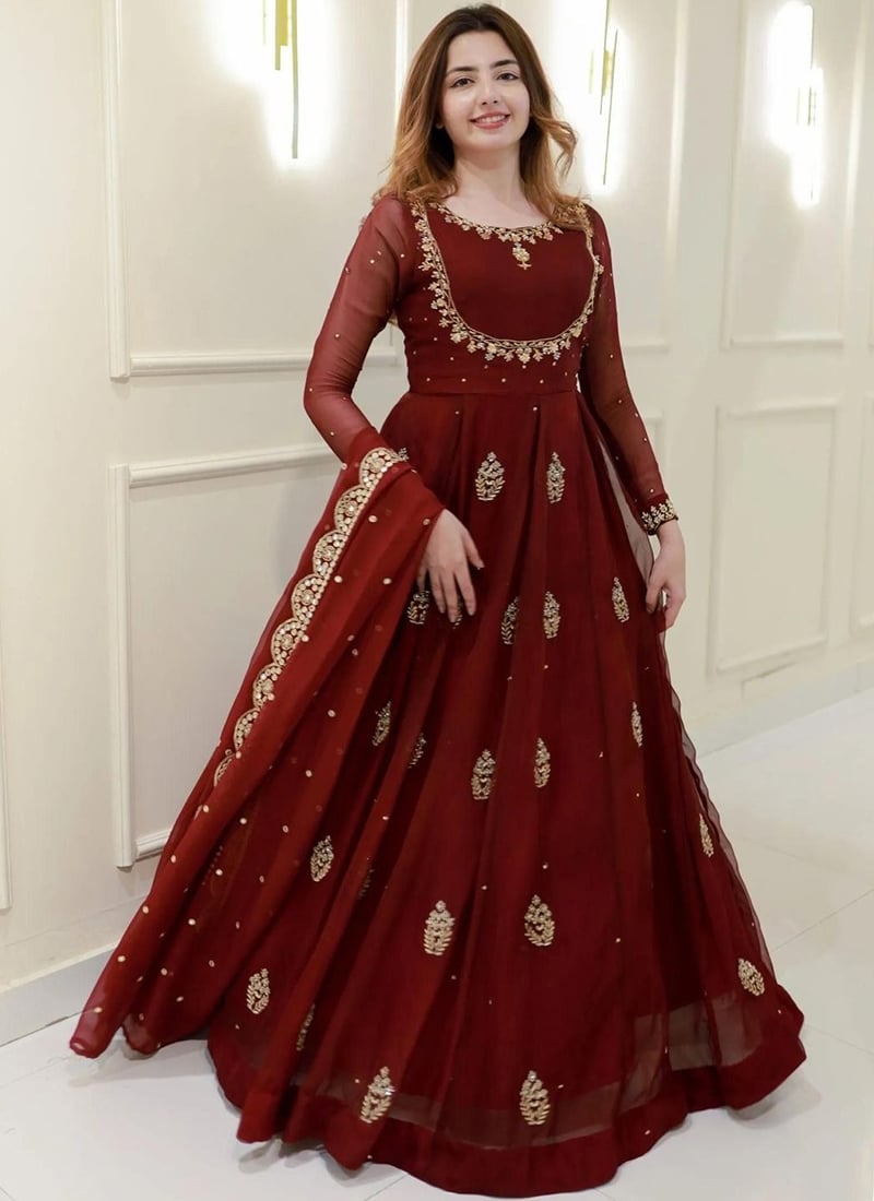Maroon Georgette Embroidered Sequins Anarkali Set Festive Wear
