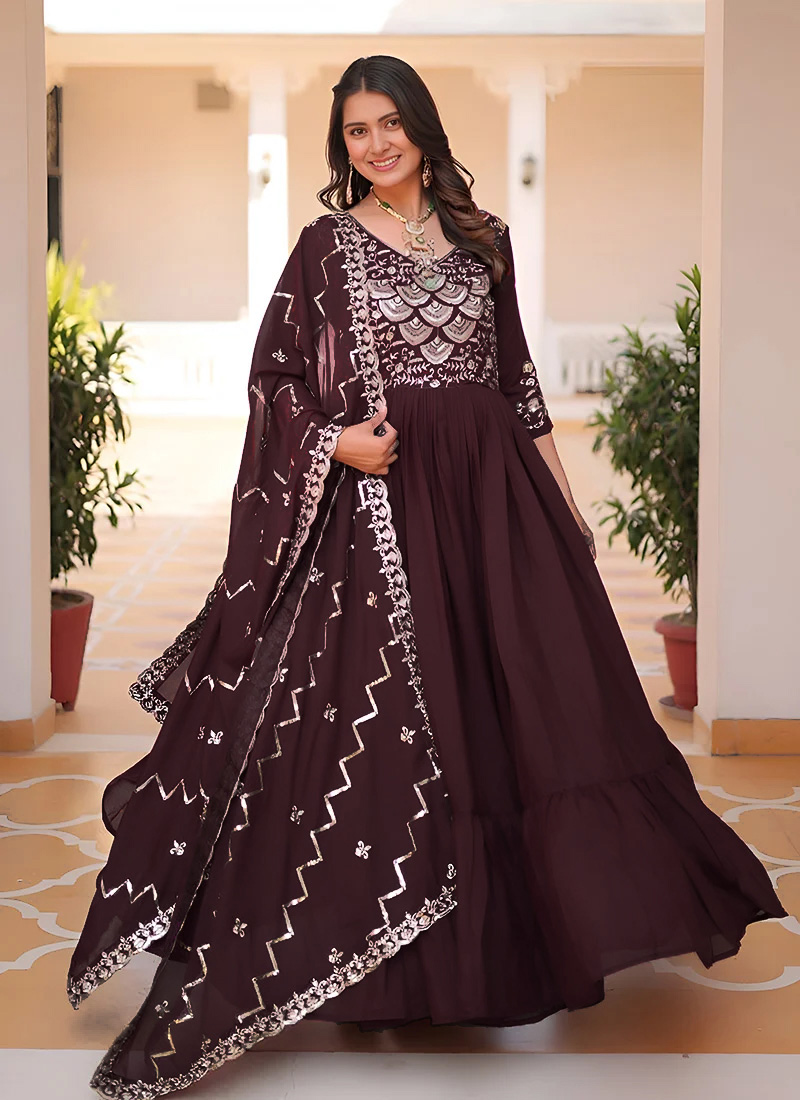 Maroon Georgette Embroidered Sequins Anarkali Suit