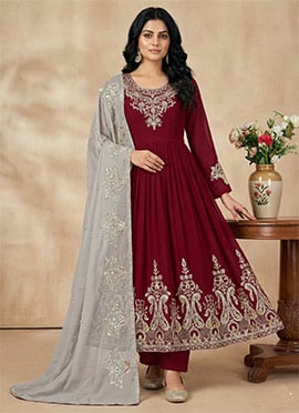 Maroon Georgette Embroidered Sequins Anarkali Suit