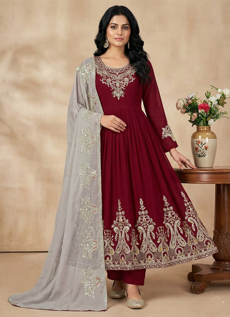 Maroon Georgette Embroidered Sequins Anarkali Suit Festive Wear