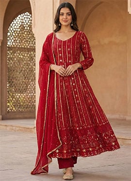 Maroon Georgette Embroidered Sequins Anarkali Suit