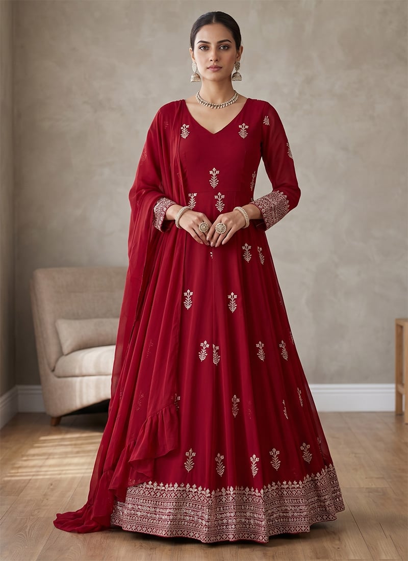 Maroon Georgette Embroidered Sequins Anarkali Suit Festive Wear