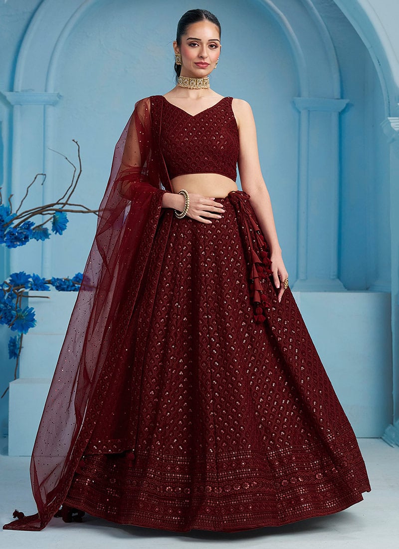Maroon Georgette Embroidered Sequins Lehenga