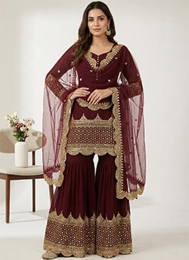Maroon Georgette Embroidered Sequins Sharara Suit
