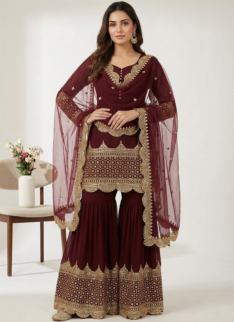 Maroon Georgette Embroidered Sequins Sharara Suit Festive Wear