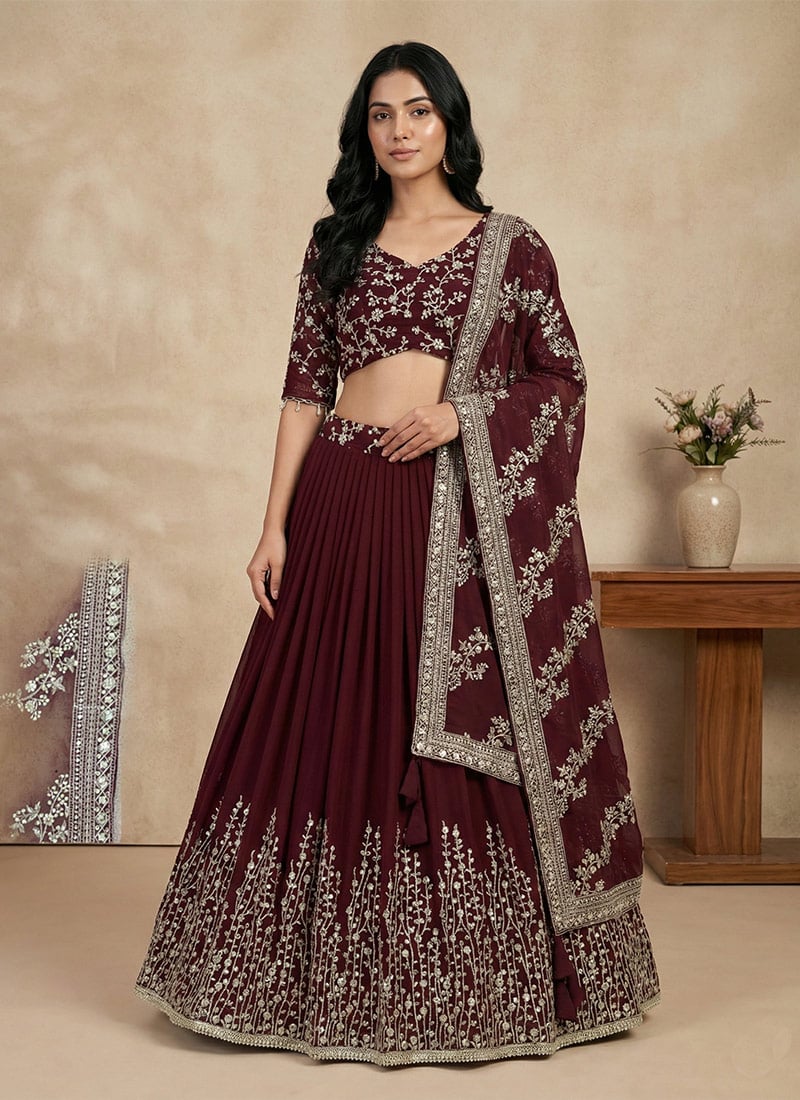 Maroon Georgette Embroidered Sequins Umbrella Lehenga Wedding Wear