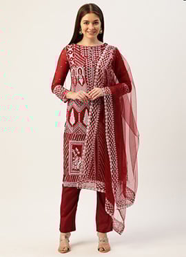 Maroon Georgette Embroidery Straight Pant Suit