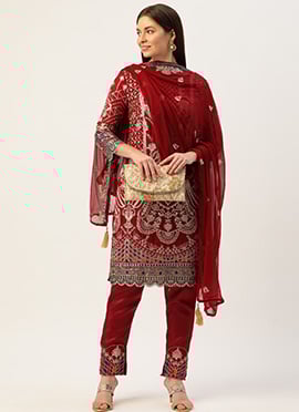 Maroon Georgette Embroidery Straight Pant Suit