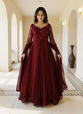 Maroon Georgette Hand Embroidered A Line Anarkali Suit