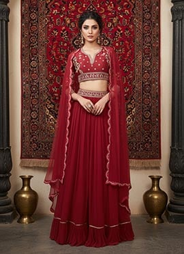 Maroon Georgette Hand Embroidered Lehenga