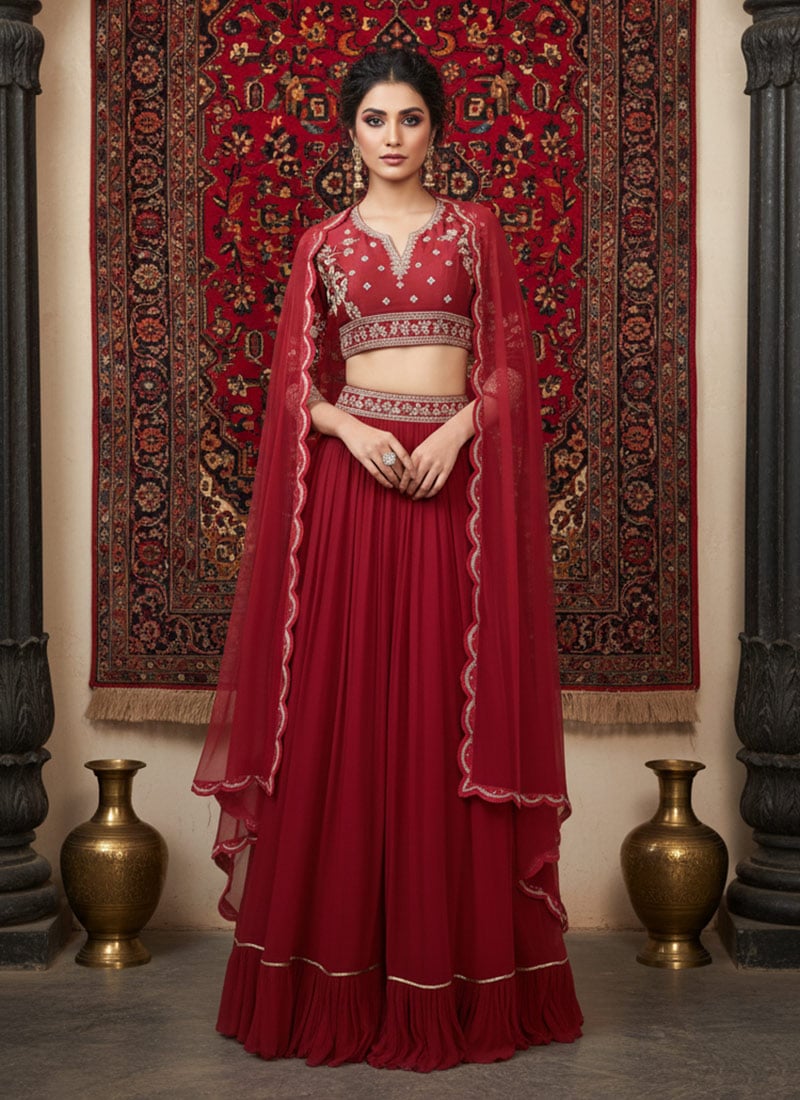 Maroon Georgette Hand Embroidered Lehenga Wedding Wear