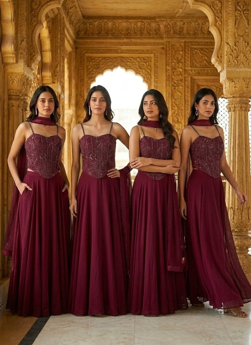 Maroon Georgette Hand Embroidered Lehenga Wedding Wear