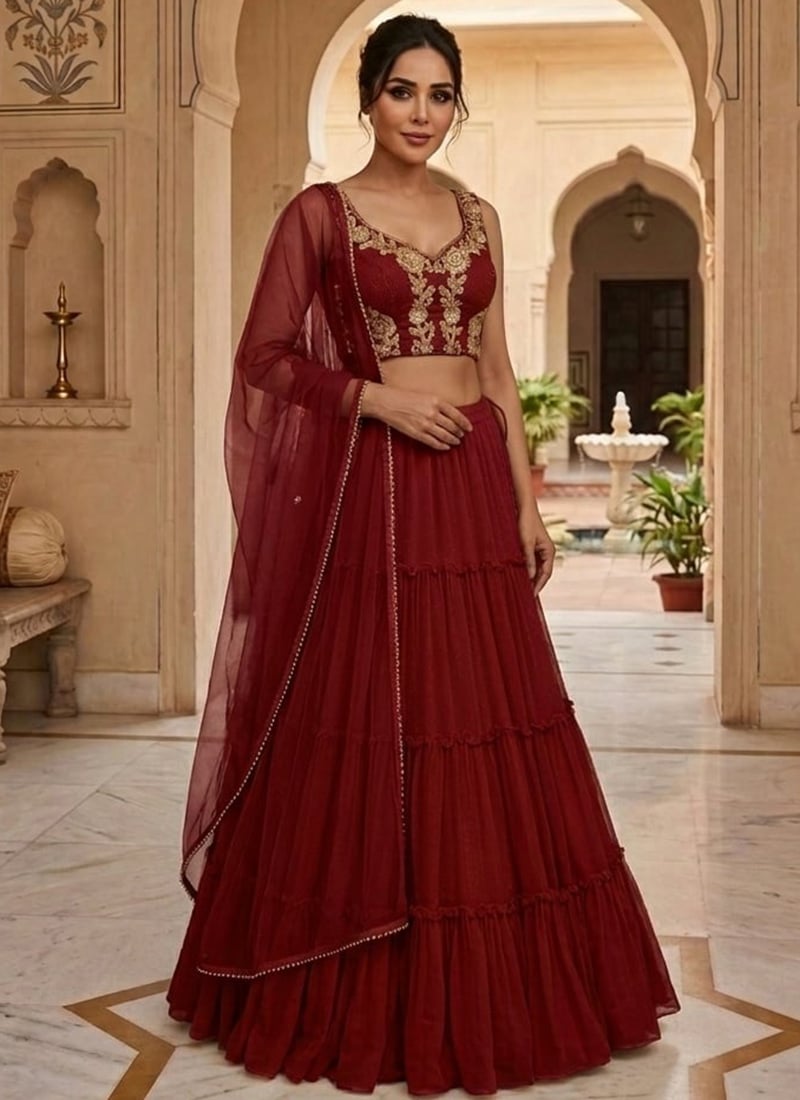 Maroon Georgette Hand Embroidered Sequins Lehenga Wedding Wear