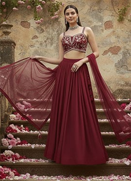 Maroon Georgette Hand Embroidered Sequins Lehenga