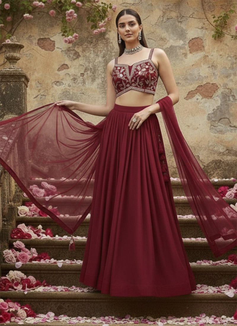 Maroon Georgette Hand Embroidered Sequins Lehenga Wedding Wear